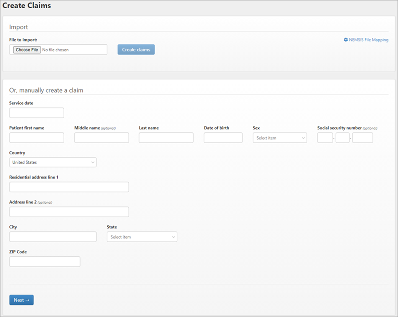 Use this page to either manually enter claim information or import claims from a file.